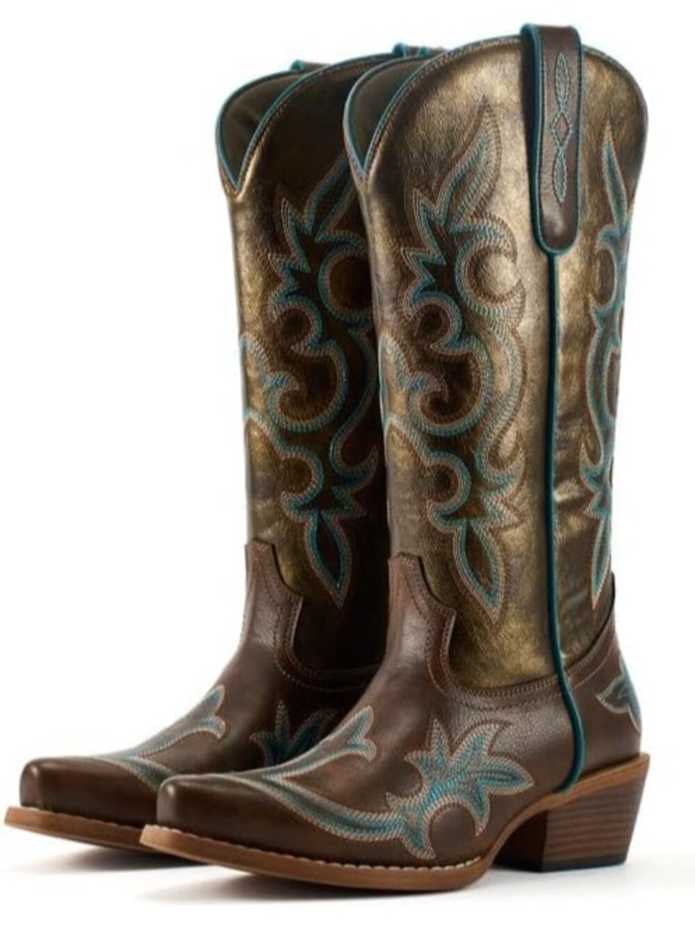 Women's Golden Brown Boots Mid Calf Western Cowgirl Boots Chunky Heels Snip Toe